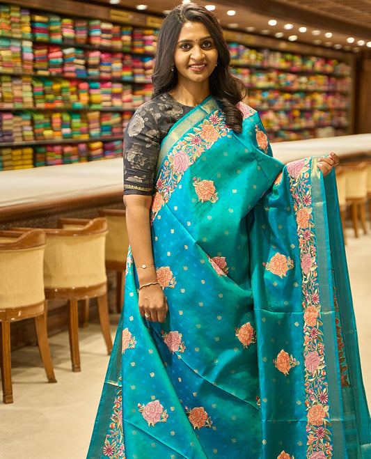 Blue floral embroidery kancheepuram silk saree with self banaras, mayil kann design & zari design pallu