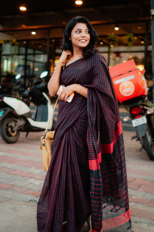 Borderless Black Chettinad Cotton Saree, Subtly Sparkled with Thread Stripes, a Self-Pallu, and No Blouse