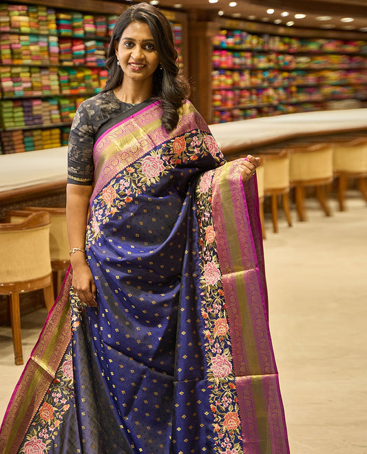 Dark blue leaf design, floral embroidery kancheepuram silk saree with contrast border of rekku, kathir, kodi visiry design & zari design pallu
