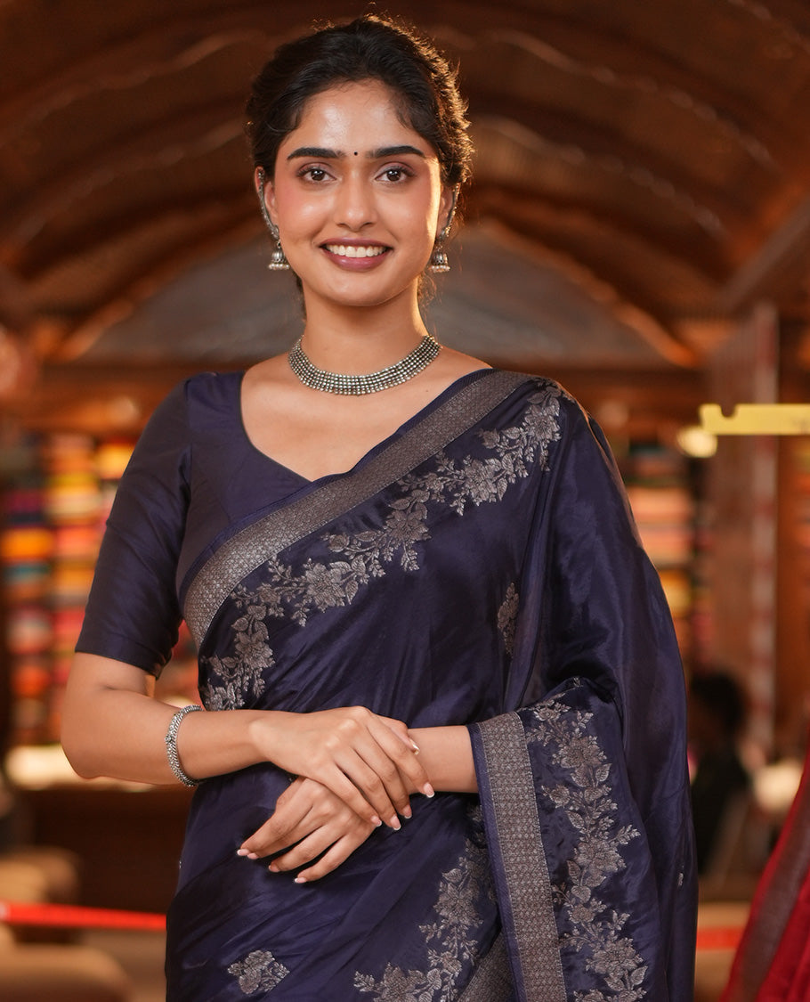 Navy Blue HO-Silk Saree, Adorned with Floral Zari Buttas All Over Its Body, Highlighted by Self-Border of Floral Creeper Designs, Floral Jaal Pallu and Paired with a Plain Blouse