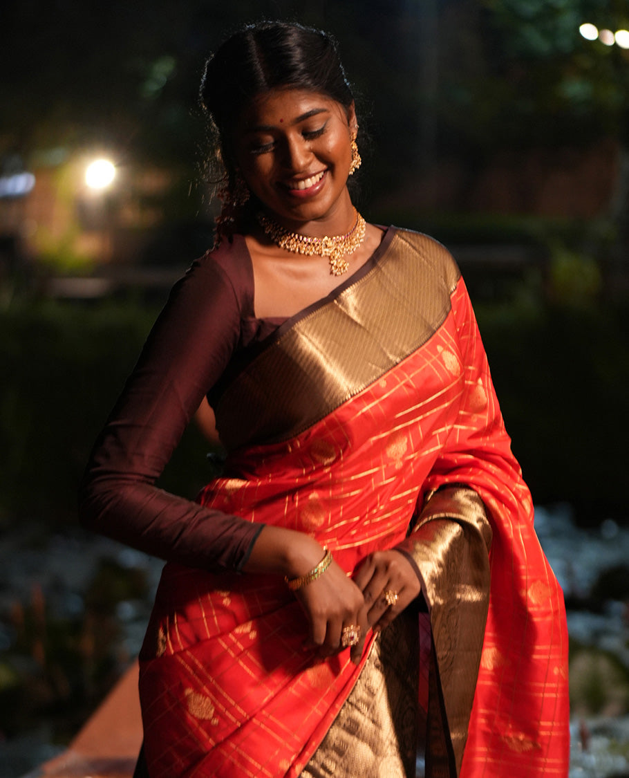 Tomato and Brown Vasundhara Silk Saree