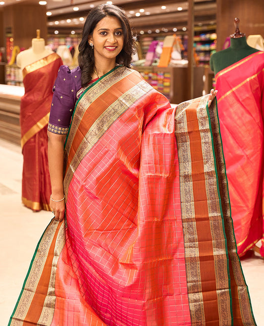 Red checked silk saree with contrast rettai pettu zari design border & floral jaal pallu