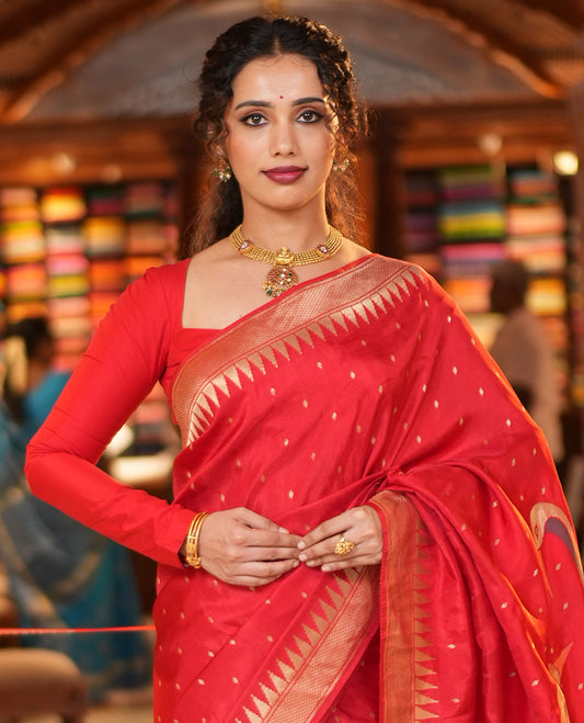 Red HO-Silk Saree, Elevated with Diamond Buttas All Over Its Body, Highlighted by Temple Border, Complemented by Pallu Depicting Floral and Crane Motifs, Paired with a Matching Blouse