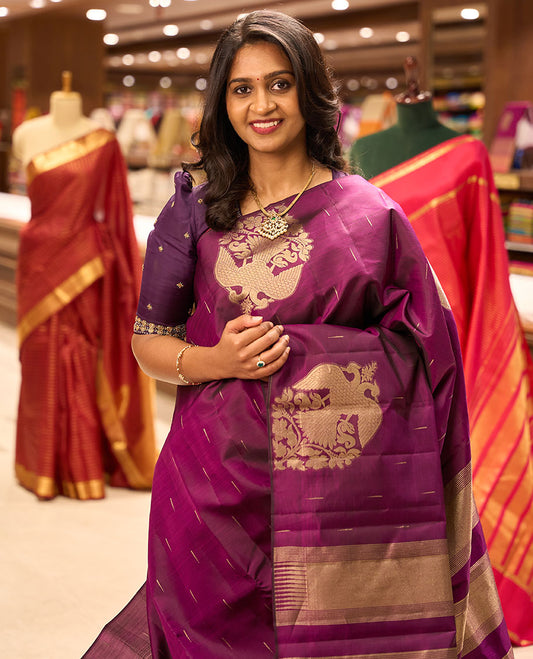 purple buttas silk saree with self border bird design border & bhavanji pallu