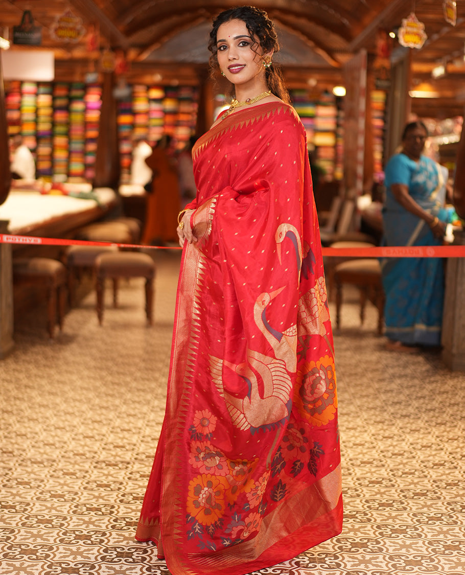 Red HO-Silk Saree, Elevated with Diamond Buttas All Over Its Body, Highlighted by Temple Border, Complemented by Pallu Depicting Floral and Crane Motifs, Paired with a Matching Blouse