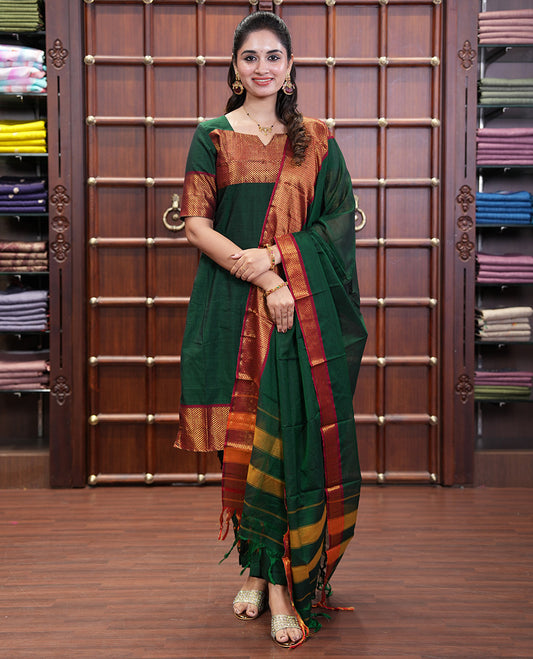 Bottle Green Mercerised Cotton Material Churidar Set, Subtly Made with Plain and Traditional Ara Maadam Bordered Top, Comes with a Plain Mercerised Cotton Bottom, and Is Paired with a Mercerised Cotton Ara Maadam Woven Dupatta