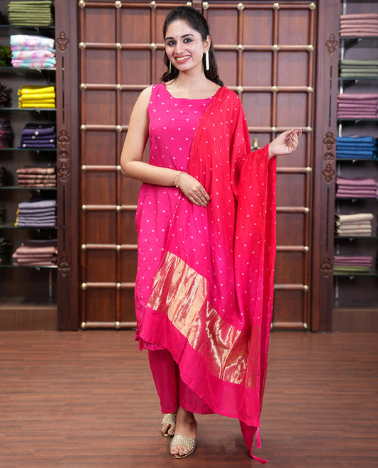 Pink and Red Semi-Silk Material Churidar Set, Prettified with Bandhani Dots Print, Comes with a Plain Santoon Bottom, and Paired with a Double-Colored Dupatta of Bandhani Dots Print