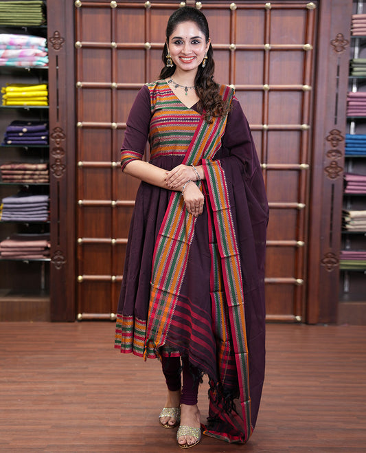 Wine Mercerised Cotton Material Churidar Set, Featuring Plain and Traditional Motifs Woven Top, Comes with a Plain Mercerised Cotton Bottom, and Is Paired with a Mercerised Cotton Traditional Motifs Woven Dupatta