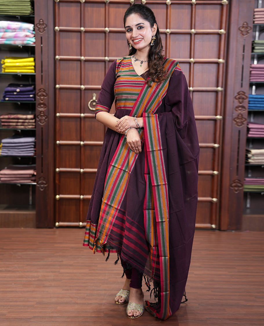 Wine Mercerised Cotton Material Churidar Set, Featuring Plain and Traditional Motifs Woven Top, Comes with a Plain Mercerised Cotton Bottom, and Is Paired with a Mercerised Cotton Traditional Motifs Woven Dupatta