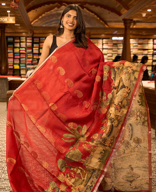 Red paisley motifs, pichwai style design tussar saree with self zari border & pichwai printed design pallu