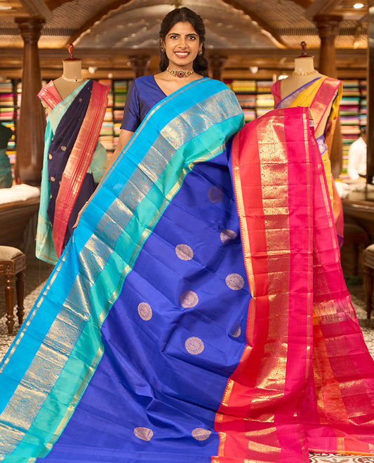 Blue round floral buttas kancheepuram silk saree with contrast ganga jamuna, korvai border of intricate zari design & vanki design pallu