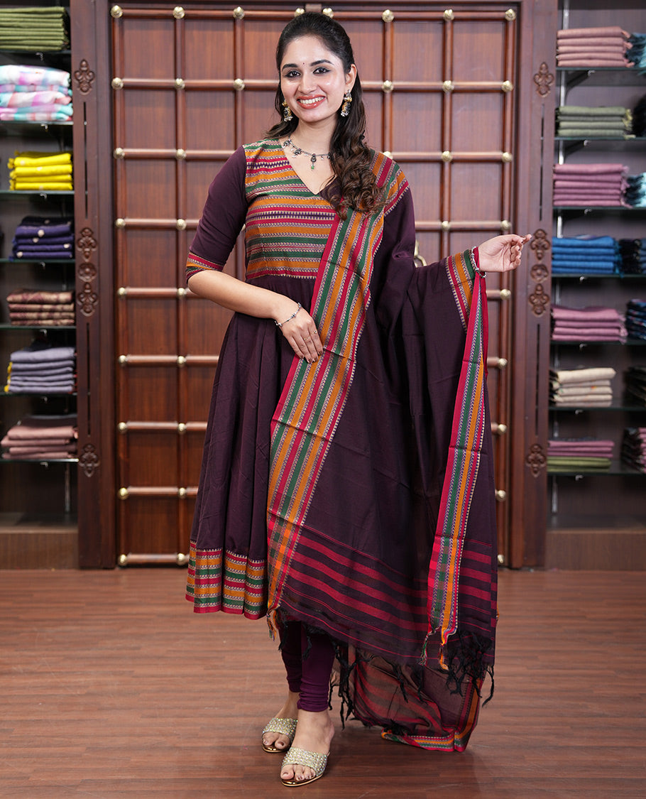 Wine Mercerised Cotton Material Churidar Set, Featuring Plain and Traditional Motifs Woven Top, Comes with a Plain Mercerised Cotton Bottom, and Is Paired with a Mercerised Cotton Traditional Motifs Woven Dupatta