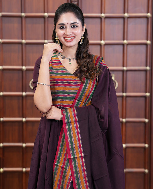 Wine Mercerised Cotton Material Churidar Set, Featuring Plain and Traditional Motifs Woven Top, Comes with a Plain Mercerised Cotton Bottom, and Is Paired with a Mercerised Cotton Traditional Motifs Woven Dupatta