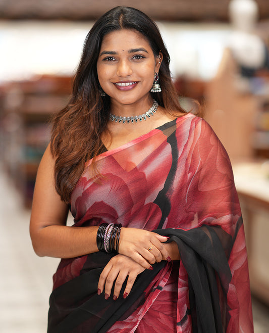Black-Red Plain Rangoli Chiffon Saree