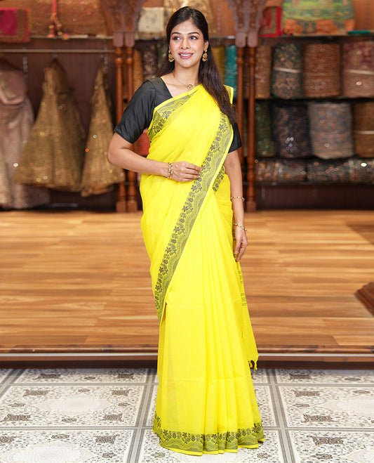 Yellow Plain Chettinad Cotton Saree, Subtle Self-Border of Floral Thread Design Weave, Subtly Striped Pallu, and Paired with a Matching Blouse
