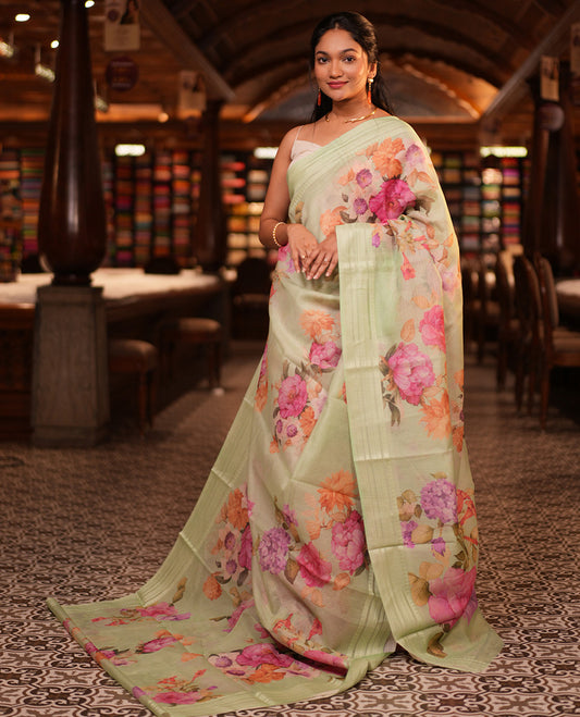 Sea Green Floral Print Kota Saree