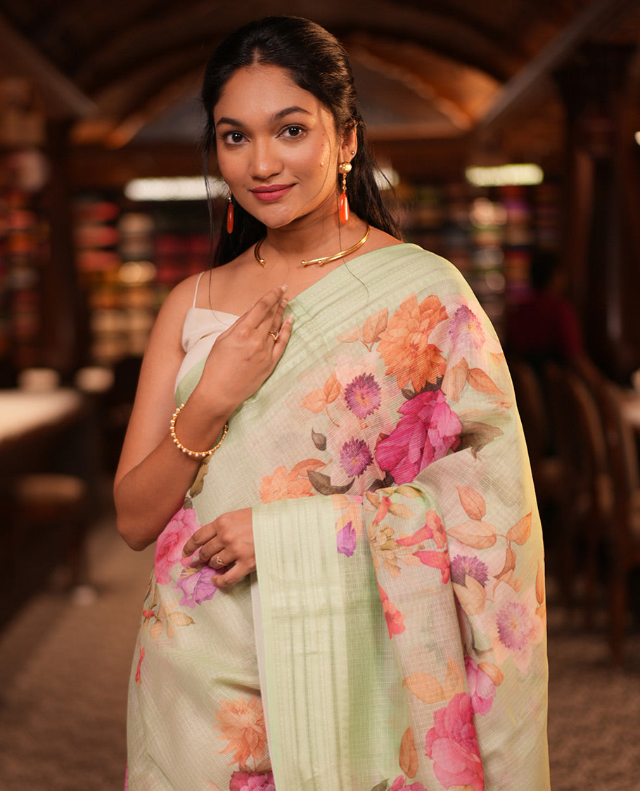 Sea Green Floral Print Kota Saree