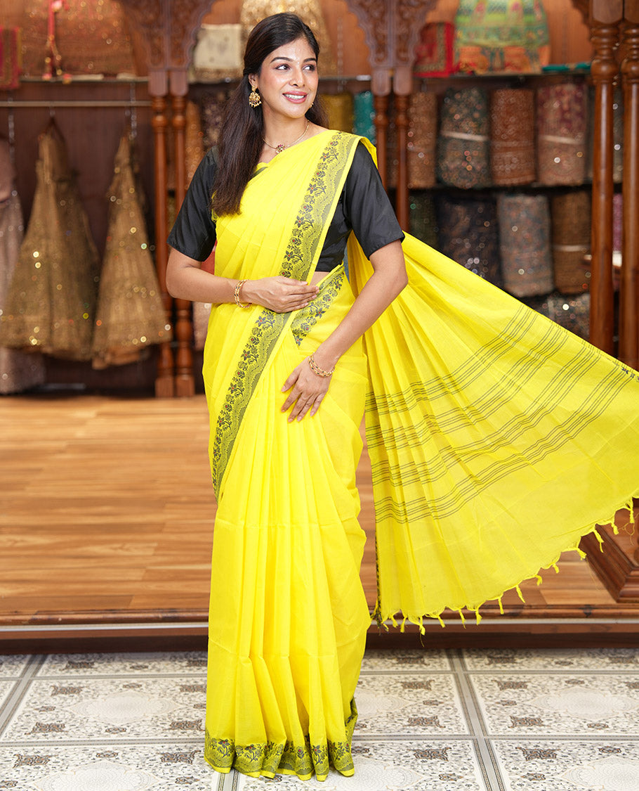 Yellow Plain Chettinad Cotton Saree, Subtle Self-Border of Floral Thread Design Weave, Subtly Striped Pallu, and Paired with a Matching Blouse