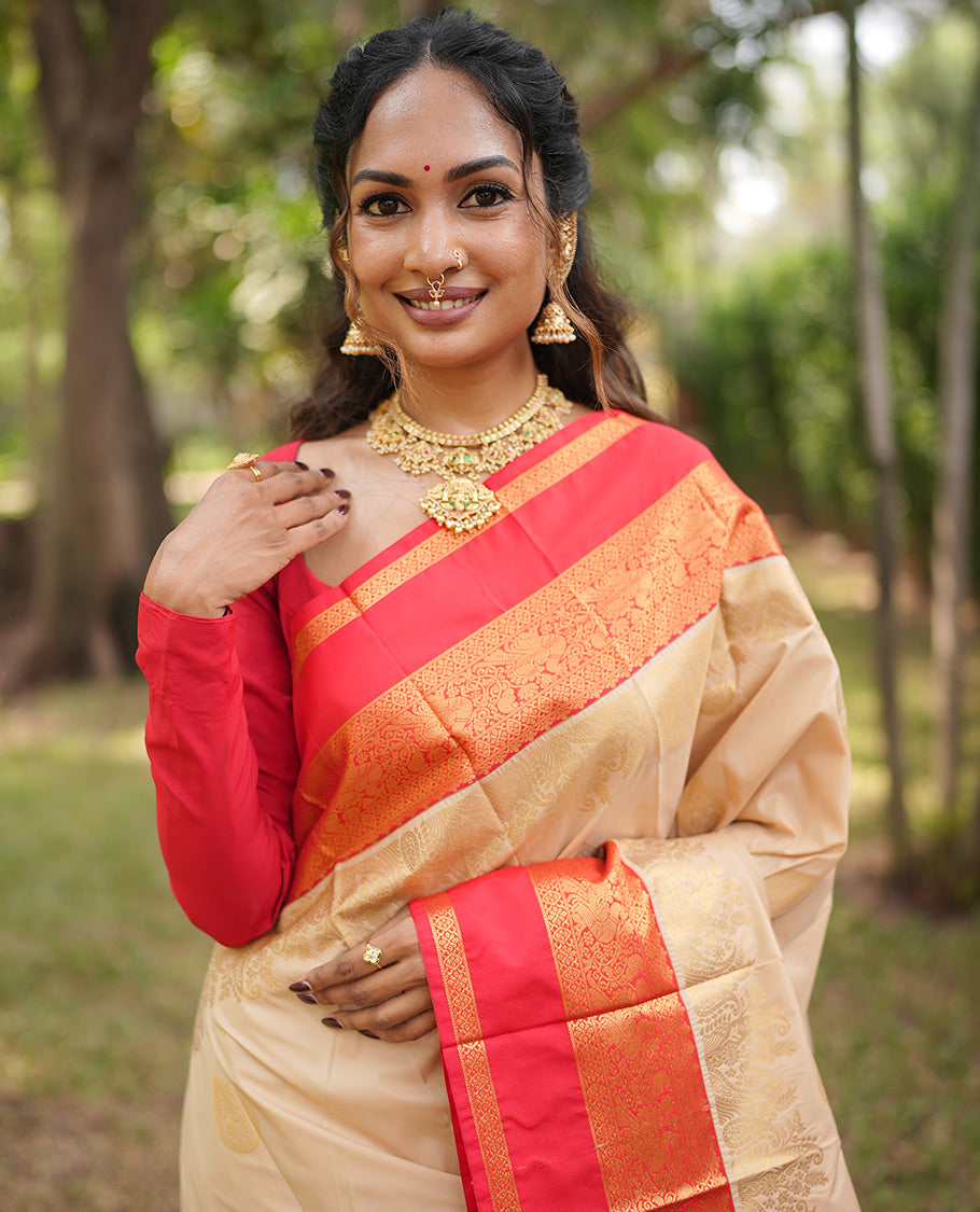 Off-White-Red Budget Silk Saree