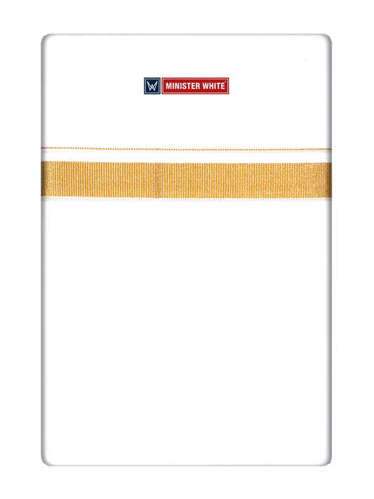 Men's Cotton White Double Layered Dhoti with 3/4" Gold Jari Border  - Glow 3/4