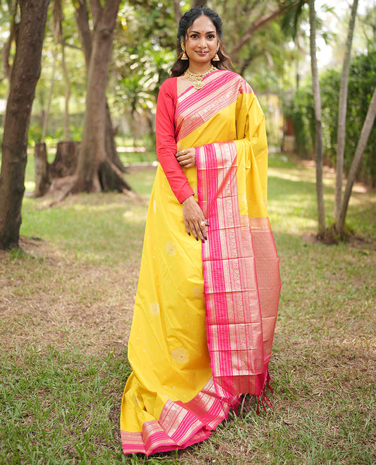 Lemon Yellow-Rani Pink Budget Silk Saree