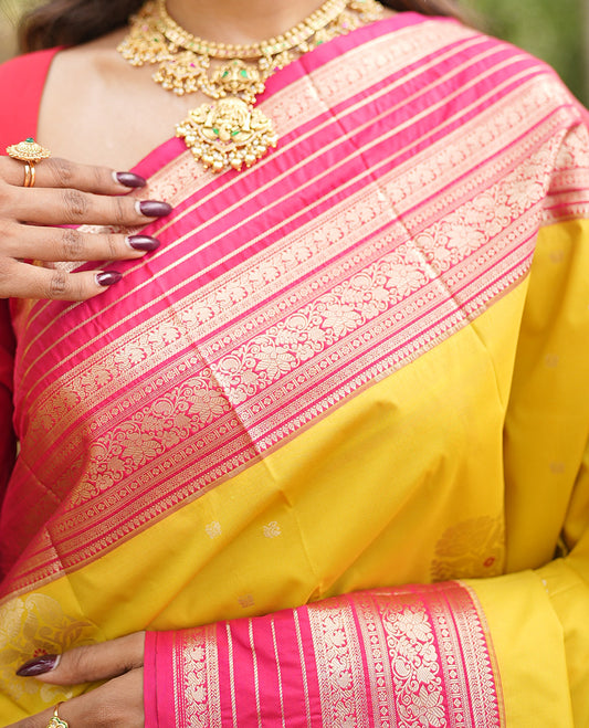 Lemon Yellow-Rani Pink Budget Silk Saree