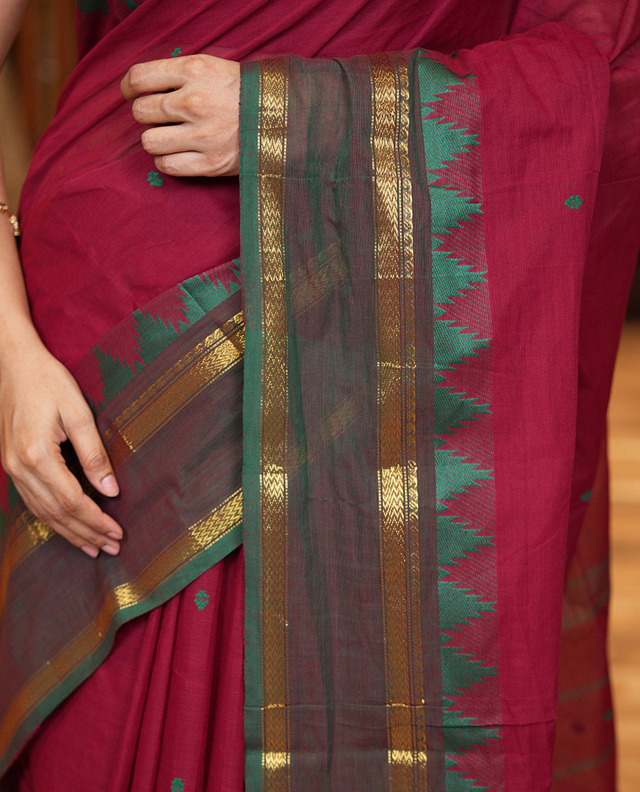 Maroon Chettinad Cotton Saree, Subtly Sparkled with Thread Buttas All Over Its Body, Complemented by a Contrast Border Rettai Pettu Border of Paisley and Chevron Stripes, Subtly Designed Pallu, and Paired with a Matching Blouse