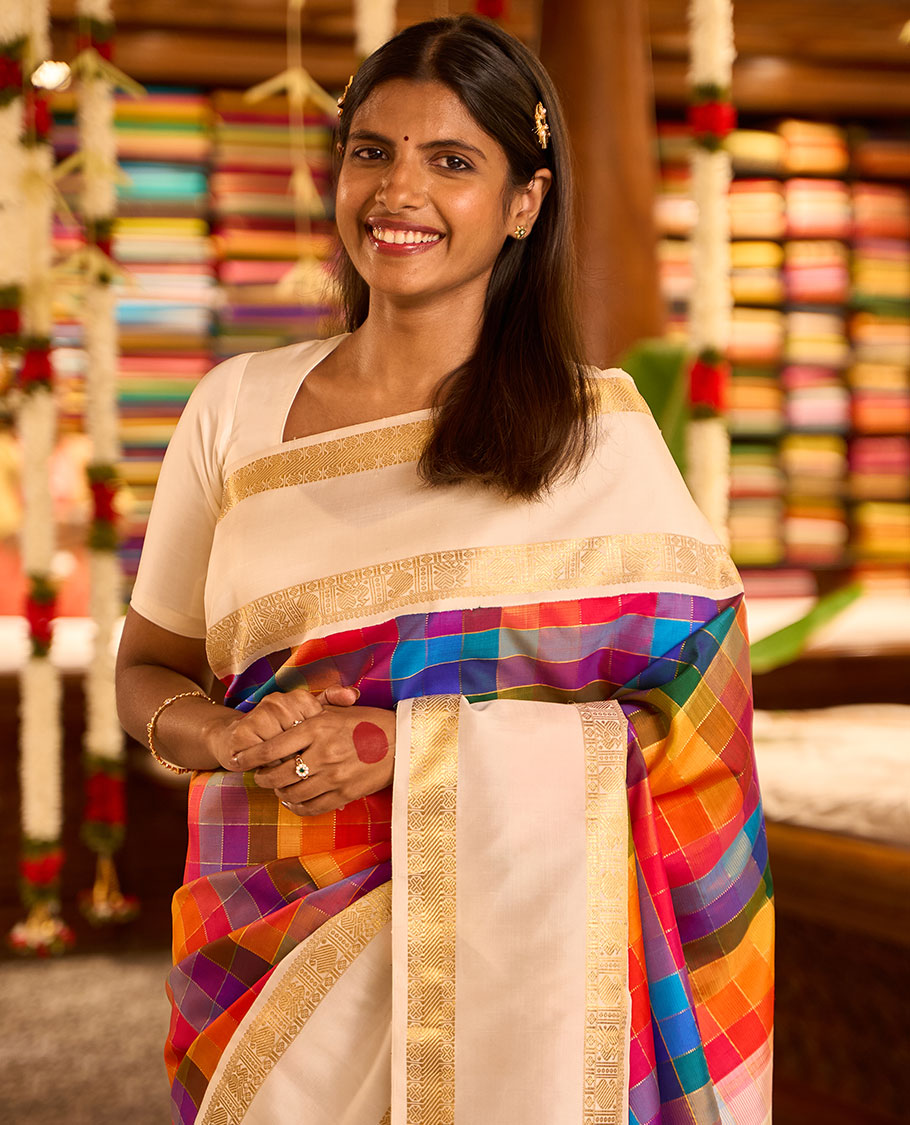 Multi-color palum pazhamum checked silk saree,contrast rettai pettu border of thilakam mokku,mayil,manga & kattu lavangam & zari checks pallu