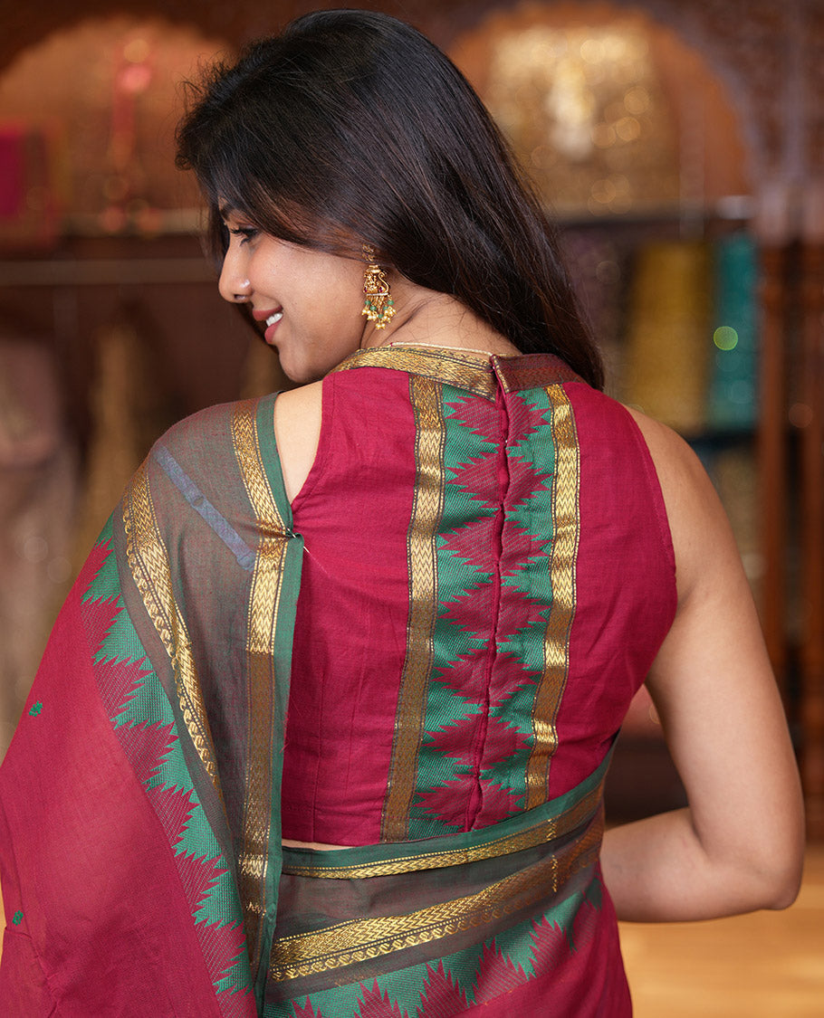 Maroon Chettinad Cotton Saree, Subtly Sparkled with Thread Buttas All Over Its Body, Complemented by a Contrast Border Rettai Pettu Border of Paisley and Chevron Stripes, Subtly Designed Pallu, and Paired with a Matching Blouse