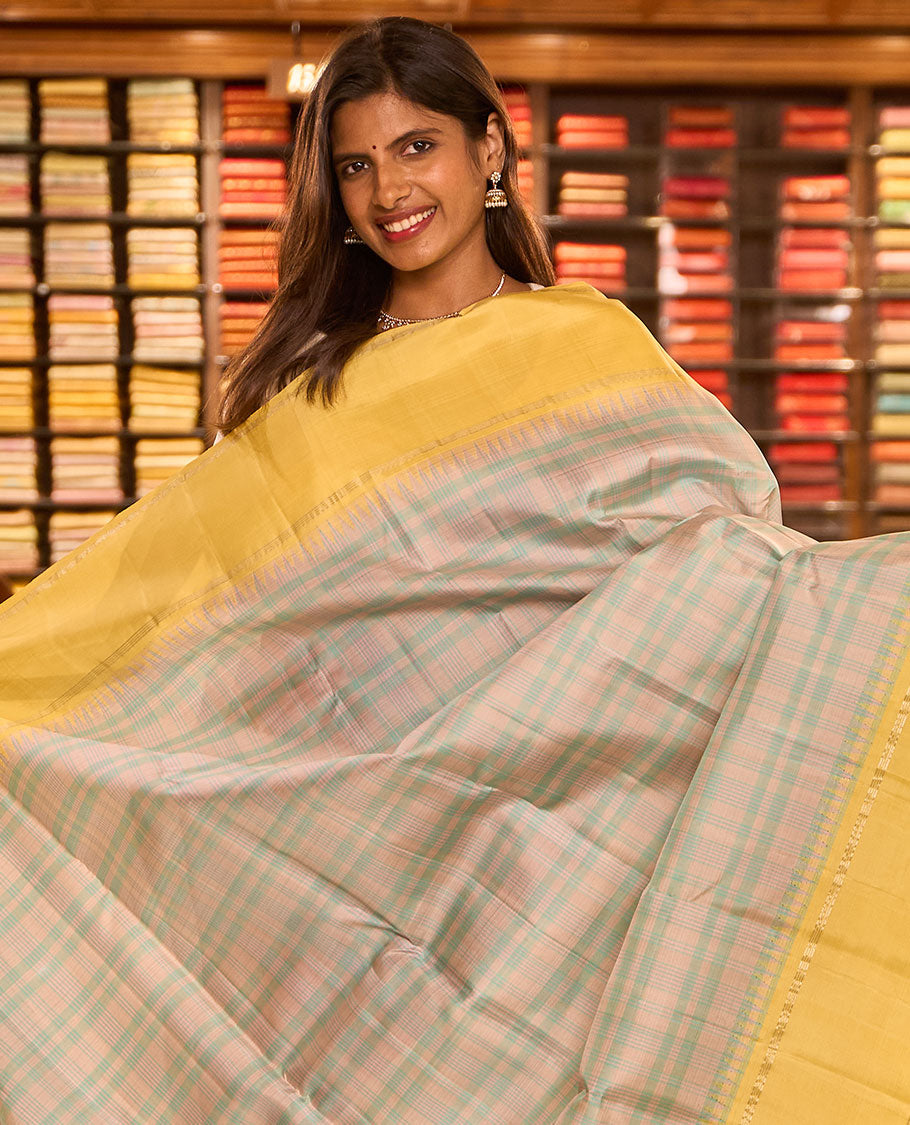 Pastel green thread checked silk saree, contrast yellow rettai pettu zari pillaiyar mokku border & zari weave pallu