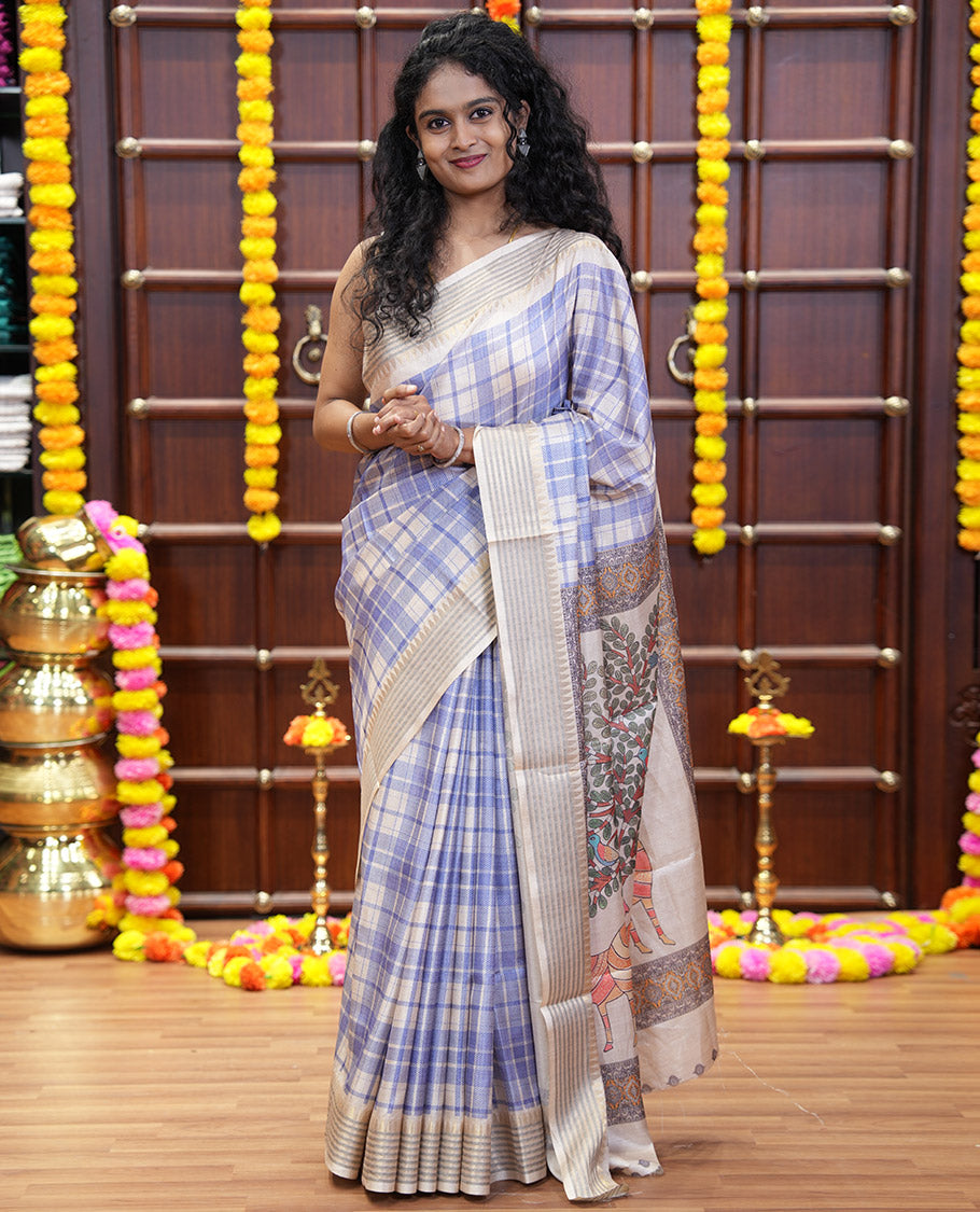 Blue checked patterned semi-tussar saree with contrast temple striped border, Madhubani printed pallu, and a contrast printed blouse