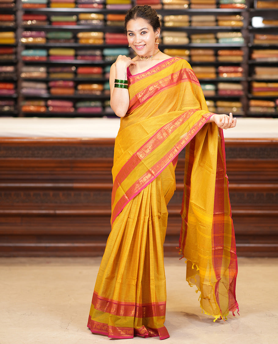 Lemon Yellow Plain Chettinad Cotton Saree, a Contrast Traditional Thread Rettai Pettu Border, Striped Pallu, a Matching Blouse