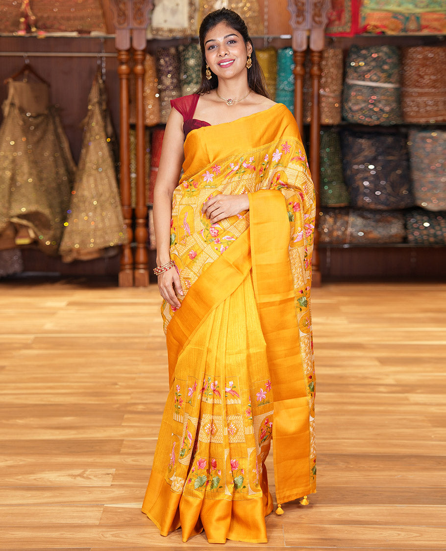 Yellow Green-Silk Saree, Beautifully Bedecked with Mughal-Style Floral-Fauna Enclosed Jaal Design Embroidery, Subtle Satin Border, Artfully Multi-Color Embroidered Pallu, and Paired with a Matching Blouse