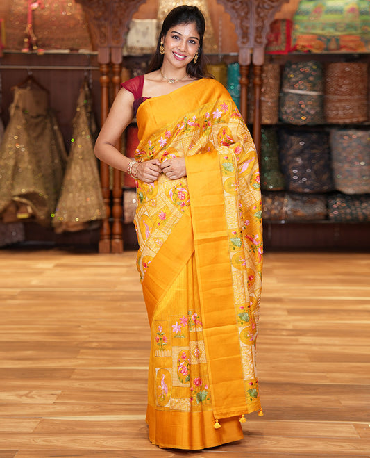 Yellow Green-Silk Saree, Beautifully Bedecked with Mughal-Style Floral-Fauna Enclosed Jaal Design Embroidery, Subtle Satin Border, Artfully Multi-Color Embroidered Pallu, and Paired with a Matching Blouse