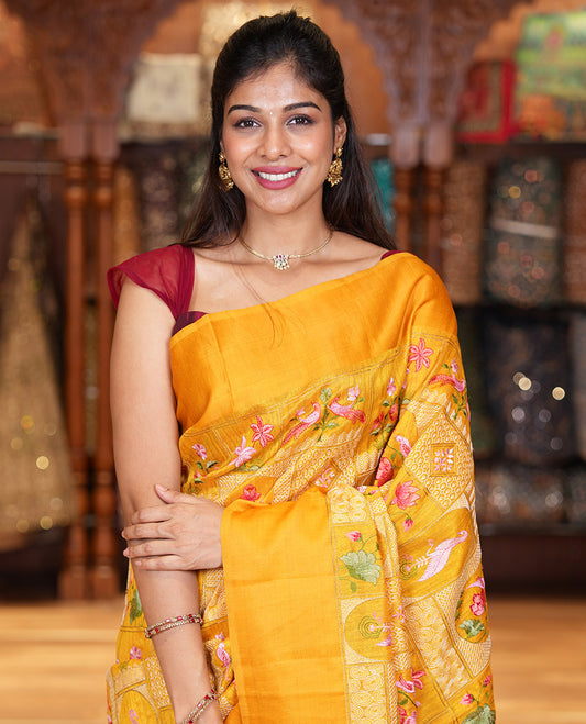 Yellow Green-Silk Saree, Beautifully Bedecked with Mughal-Style Floral-Fauna Enclosed Jaal Design Embroidery, Subtle Satin Border, Artfully Multi-Color Embroidered Pallu, and Paired with a Matching Blouse