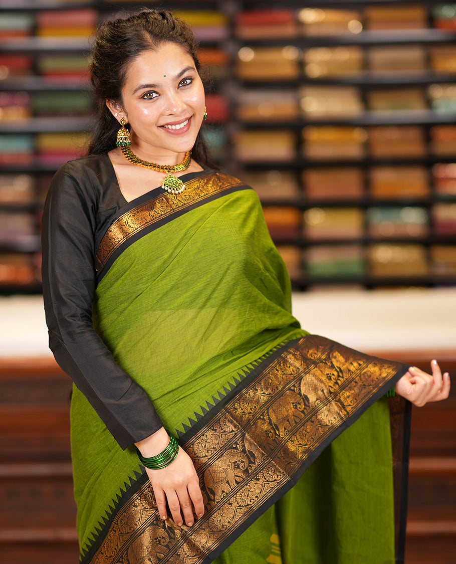 Green Plain Chettinad Cotton Saree, a Contrast Temple Elephant-Peacock Zari Border, Striped Pallu, and a Matching Blouse