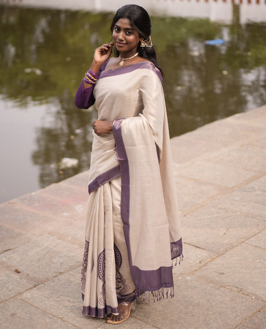 Gold Tissue Saree, Features Kathakali Motifs Print, a Contrast Border and a Contrast Blouse