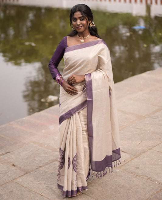 Gold Tissue Saree, Features Kathakali Motifs Print, a Contrast Border and a Contrast Blouse