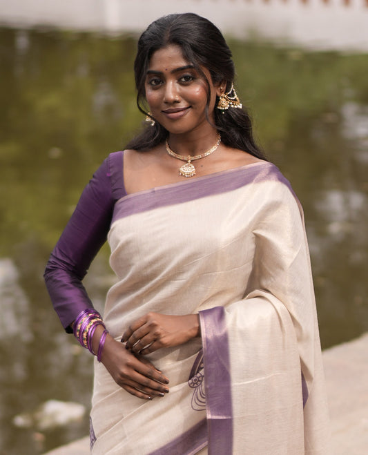 Gold Tissue Saree, Features Kathakali Motifs Print, a Contrast Border and a Contrast Blouse