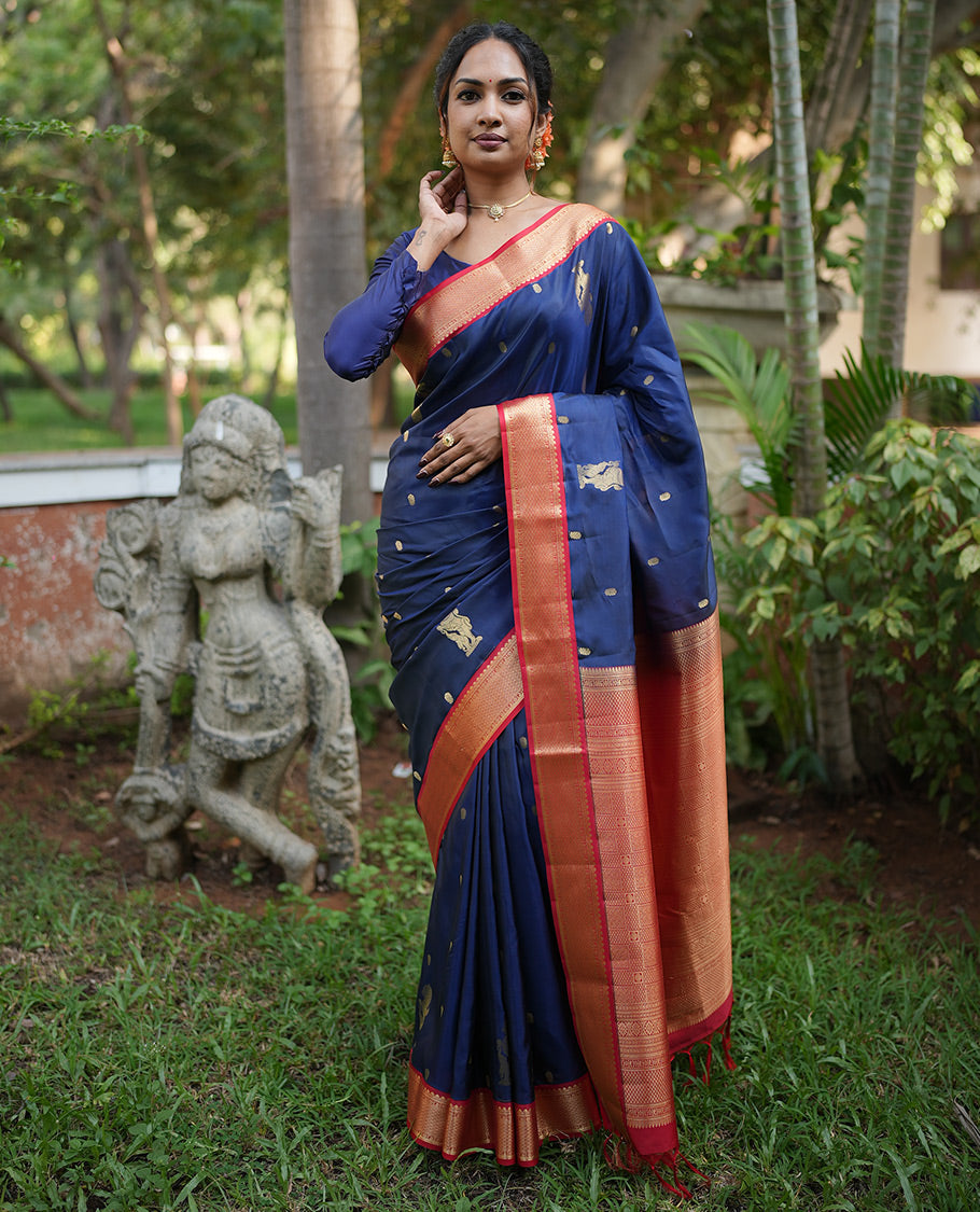 Navy Blue-Red Vasundhara Lite Silk Mix Saree