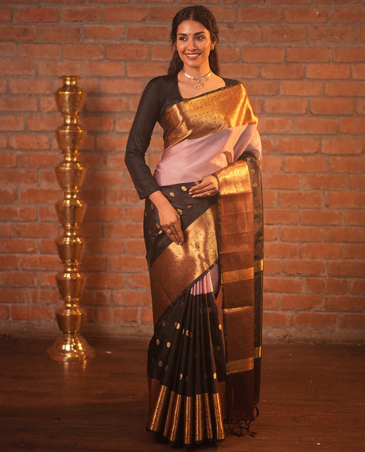 Pink and Black Banarasi Tissue Saree, Accentuated with Half-And-Half-Style Buttas Woven on Its Body, Complemented by Contrast Traditional Zari Design Big Border, Striped Pallu, and Paired with a Contrast Blouse