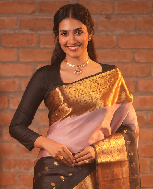 Pink and Black Banarasi Tissue Saree, Accentuated with Half-And-Half-Style Buttas Woven on Its Body, Complemented by Contrast Traditional Zari Design Big Border, Striped Pallu, and Paired with a Contrast Blouse