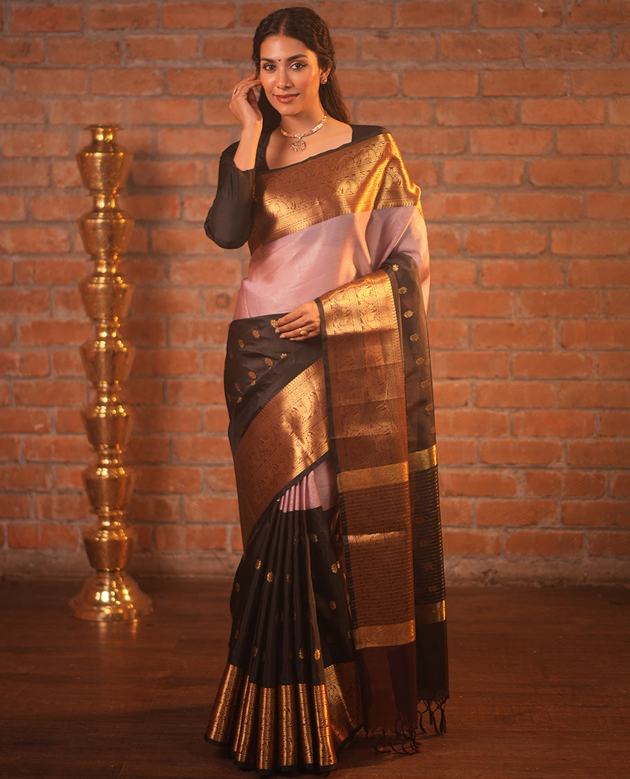 Pink and Black Banarasi Tissue Saree, Adorned with Half-And-Half-Style and Zari Buttas All Over Its Body, Complemented by a Contrast Traditional Zari Design Border, a Self-Pallu, and Paired with a Matching Blouse