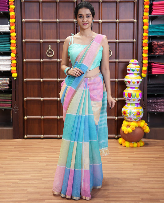 Blue multi-colored checked linen cotton saree, piping zari border, striped pallu, and multi-color printed blouse
