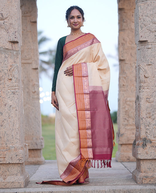 Cream-Maroon-Mustard Vasundhara Lite Silk Mix Saree