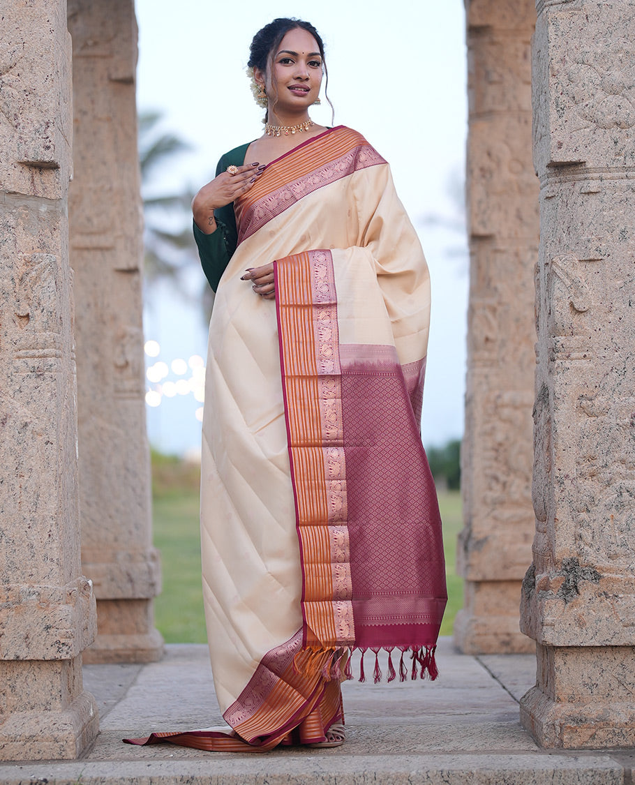 Cream-Maroon-Mustard Vasundhara Lite Silk Mix Saree