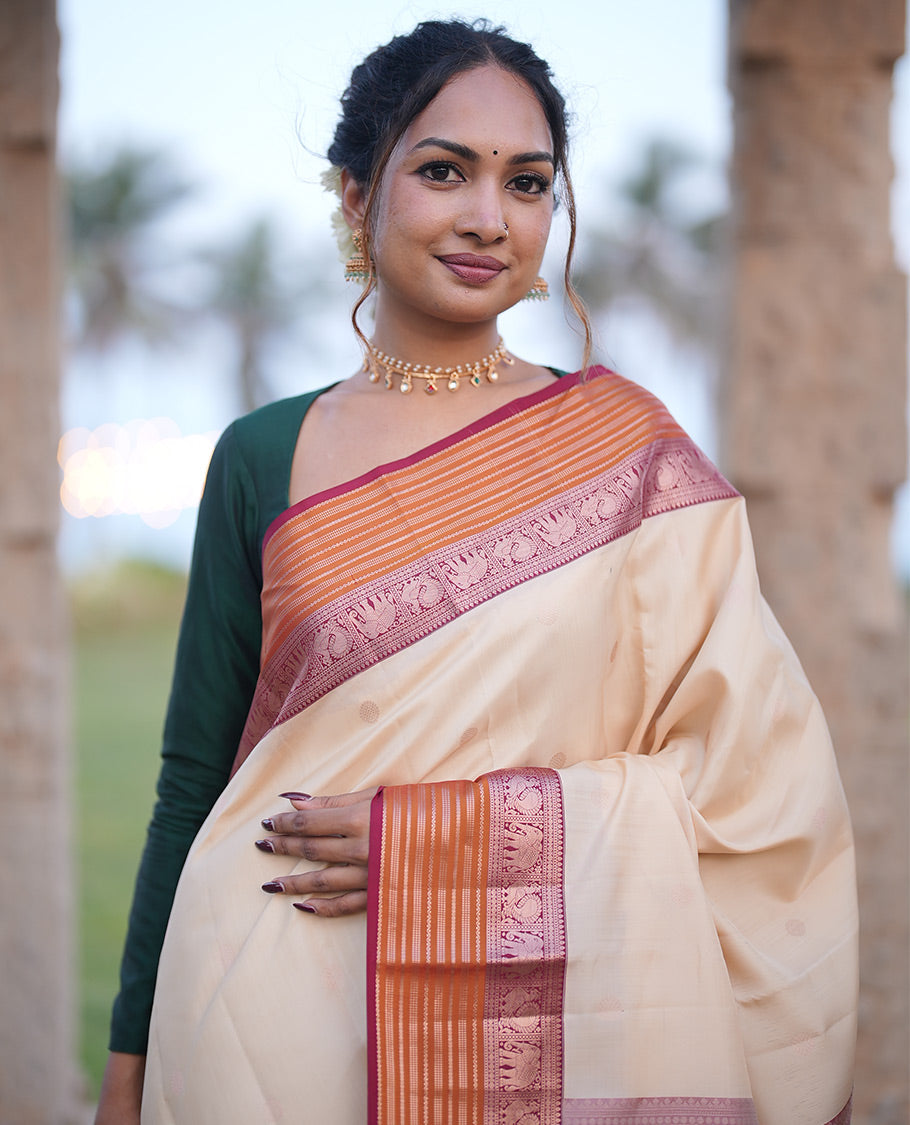 Cream-Maroon-Mustard Vasundhara Lite Silk Mix Saree
