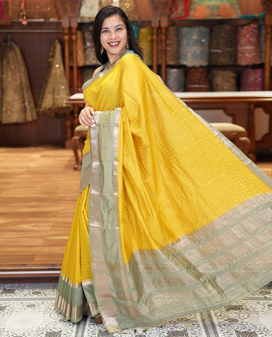 Yellow Assam Silk Saree, Ornamented with Micro-Checked Zari Design All Over Its Body, Complemented by a Contrast Traditional Design Rettai Pettu Border, Zari Design Pallu, and Paired with a Contrast Blouse