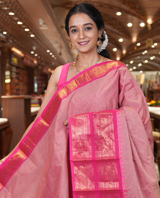 Pink Plain Chettinad Cotton Saree, a Contrast Traditional Rettai Pettu Temple Border, Striped Palu, and a Matching Blouse
