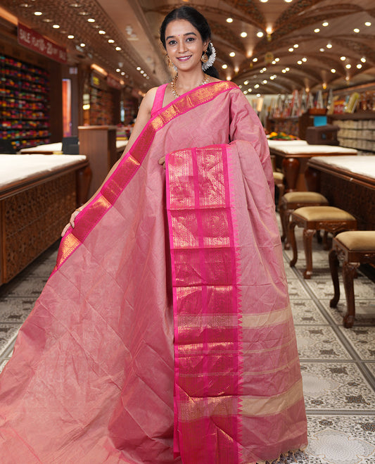 Pink Plain Chettinad Cotton Saree, a Contrast Traditional Rettai Pettu Temple Border, Striped Palu, and a Matching Blouse